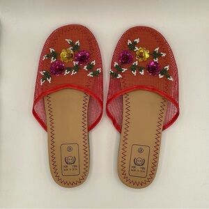NWOT Size 9 Red Mesh Sandals with Sequin and Beaded Flower Detailing